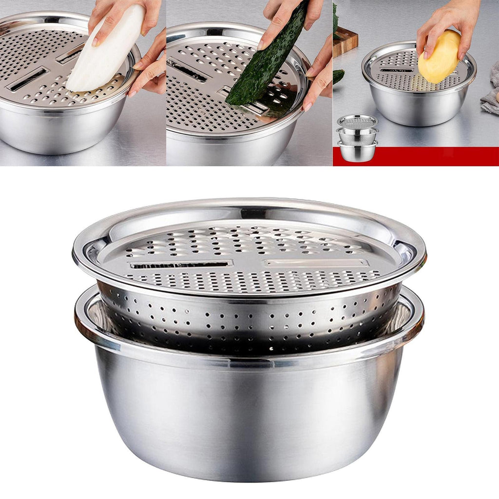3 in 1 Stainless Steel Basin Strainer Julienne Grater Bowl and Strainer