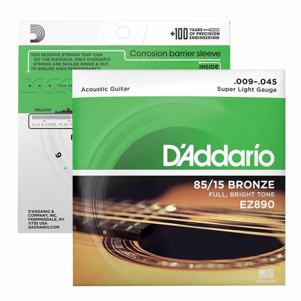 Acoustic Guitar Strings, Super Light EZ890 By D'Addario, 9 - 45 Gauge B