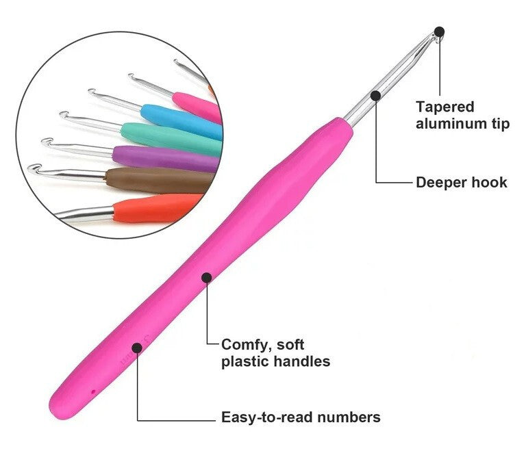 9Pcs Aluminium Crochet Hooks Set Soft Grip Handles Knitting Needles Multi Color