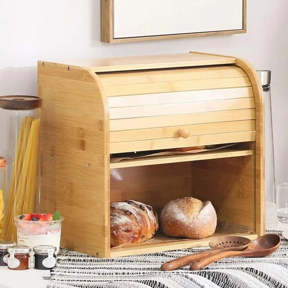 Double Layer 2 Tier Roll Top Bread Bin Slide Lid Kitchen Food Storage Rack Box