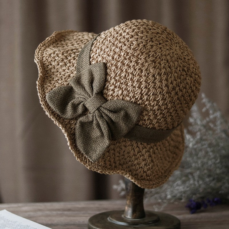 Women's Straw Bucket Hat Brim Sun Hat Crochet Floppy Beach Hat with Ruffled Bow
