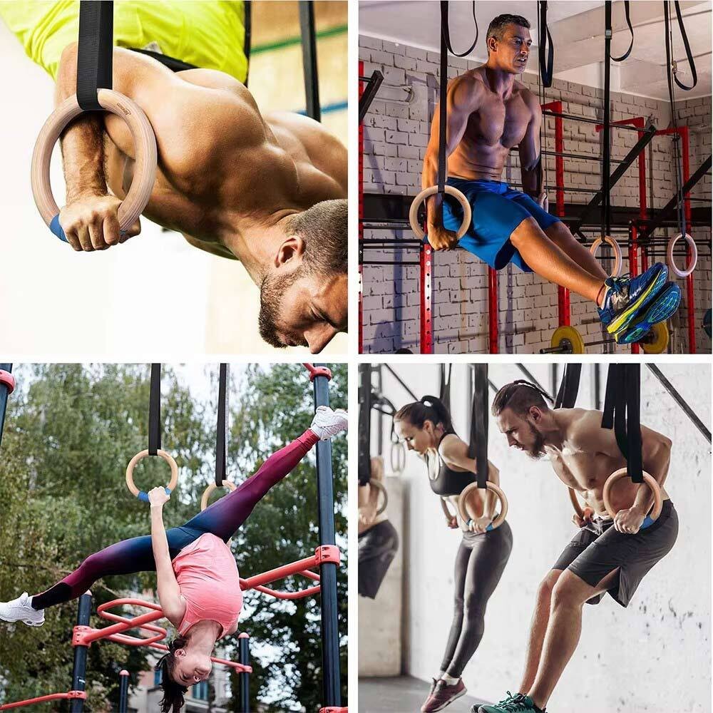 28mm Wooden Gymnastic Ring with Adjustable Buckle Straps Workout Fitness Ring