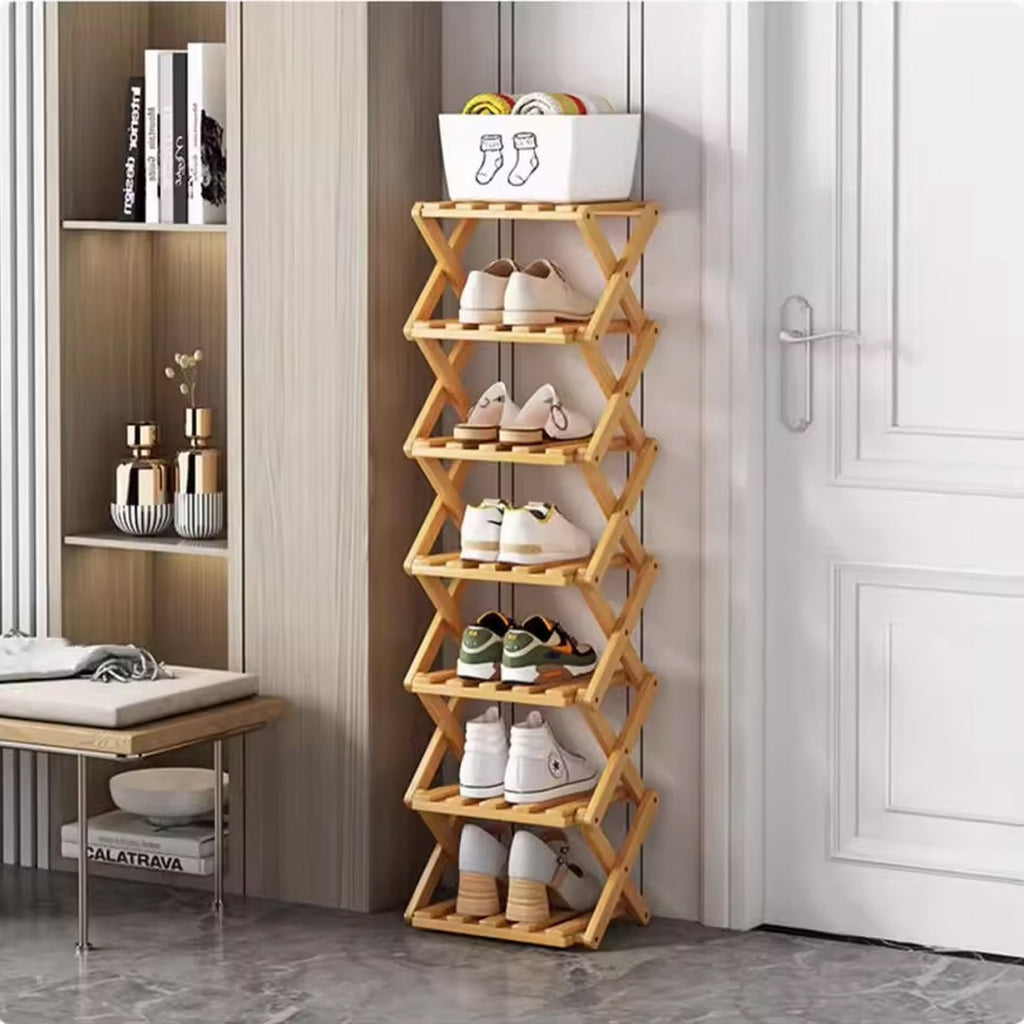 7 Tier Vertical Bamboo Folding Shoe Rack Storage Organizer Stand Corner Shelf UK
