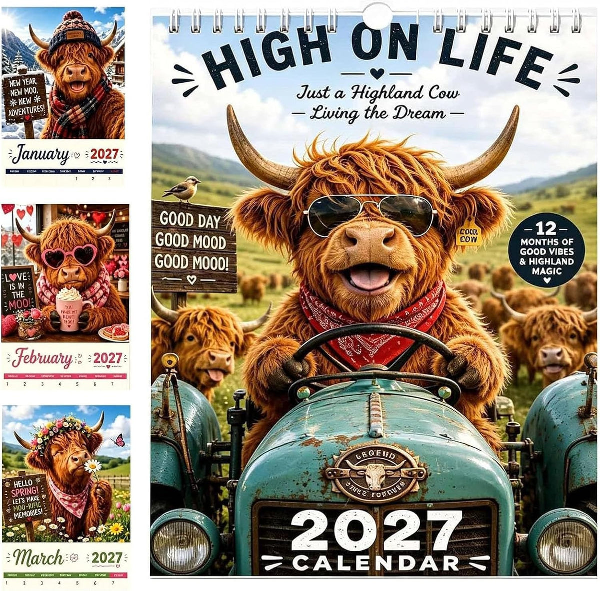2027 Funny Highland Cow Wall Calendar, highland cow calendar 2027