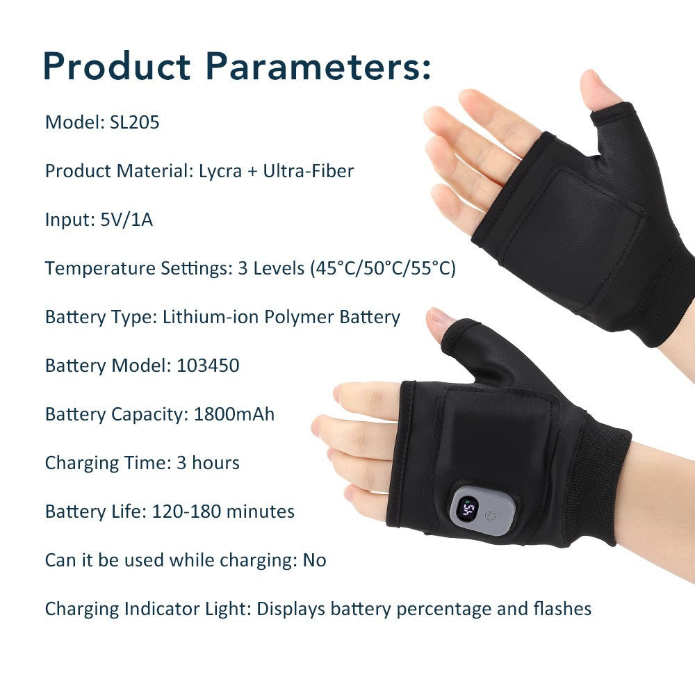 Rechargeable Electric Heated Fingerless Gloves 3 Heating Levels Hand Pain Relief