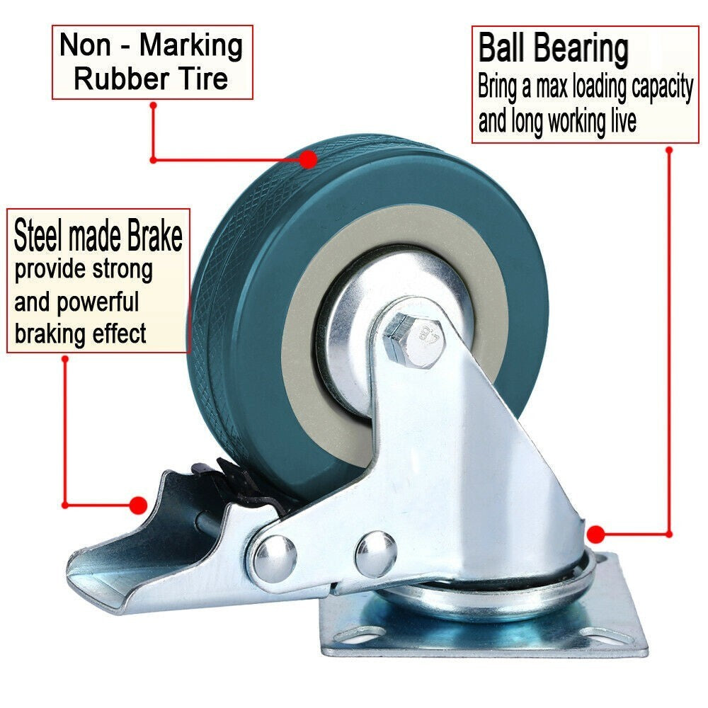 4Pcs 75mm Heavy Duty Rubber Castor Wheels Full 360° Swivel Trolley Casters