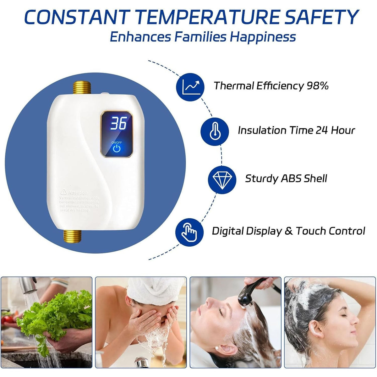 3KW Electric Tankless Instant Hot Water Heater Under Sink Tap Kitchen BathRoom