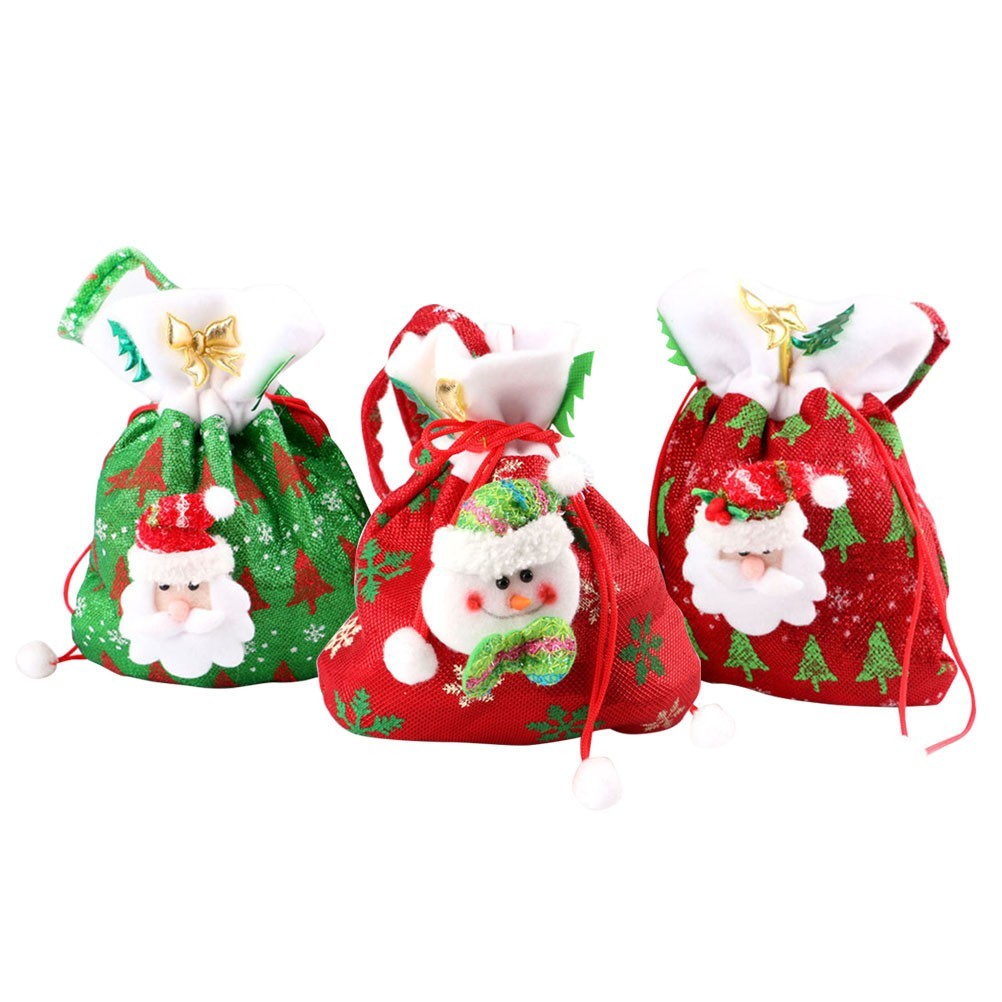 3Pcs Durable Christmas Gift Bags Candy Pouch Set Santa Snowman Designs
