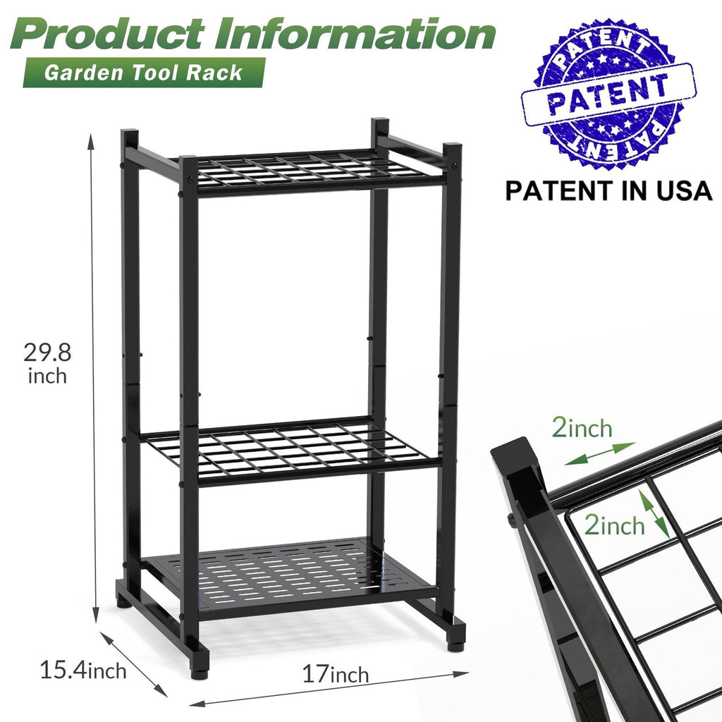 Metal Garden Tool Storage Rack Yard Tool Organizer Stand with Wheels & Hooks