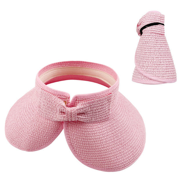 Foldable Bow Decor Sun Visor Wide Brim UV Protection Straw Hat