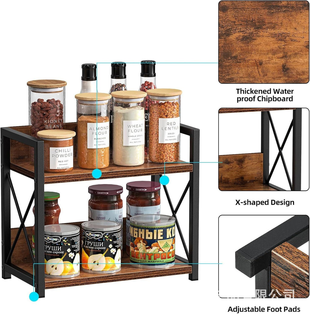 2 Tier Spice Rack Coffee Station Organizer Wooden Kitchen Countertop Organizer