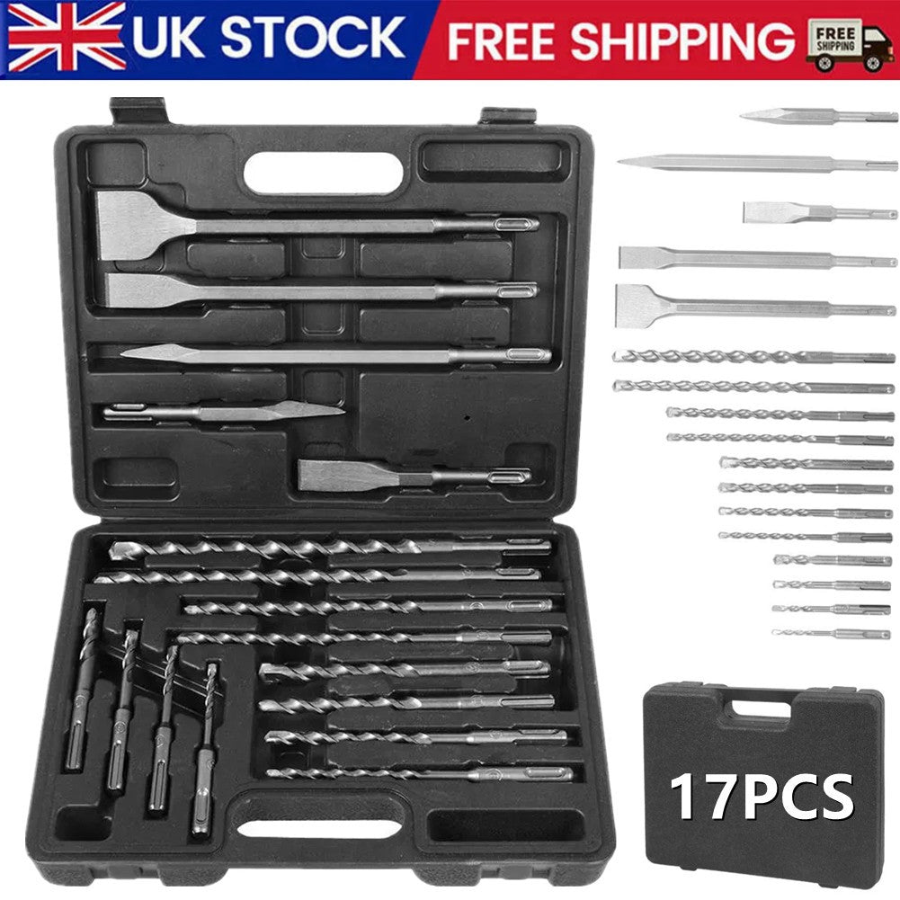 SDS Plus Rotary Hammer Drill & Chisel Bit Set Masonry Concrete Tile Brick 17PCS