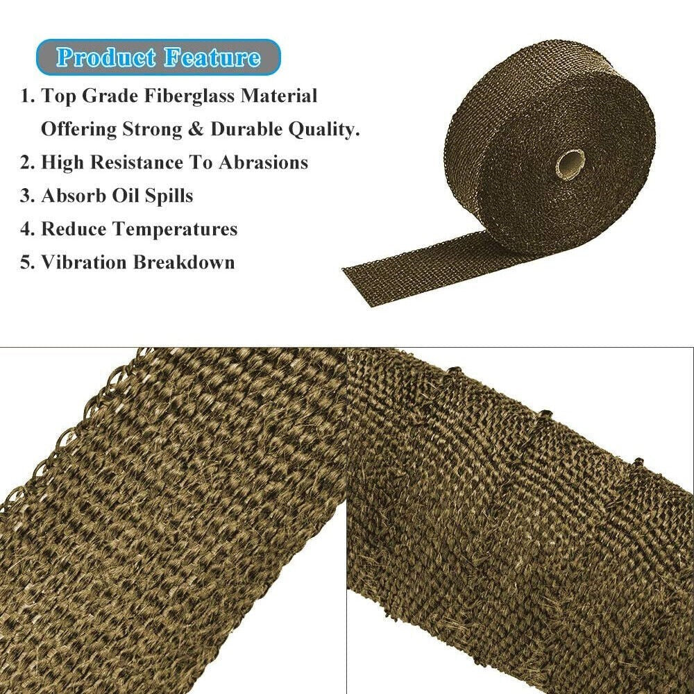 Titanium Gold Heat Wrap Tape 2 Rolls 10M Manifold Downpipe Exhaust With 20 Ties