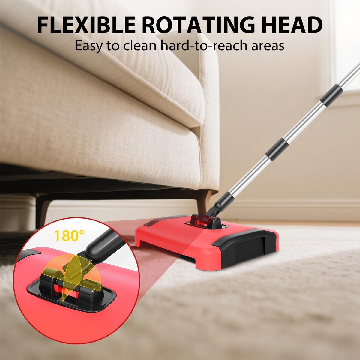 Manual Carpet Sweeper 180° Rotating, No Electricity, Quick Clean Rugs Hardwood