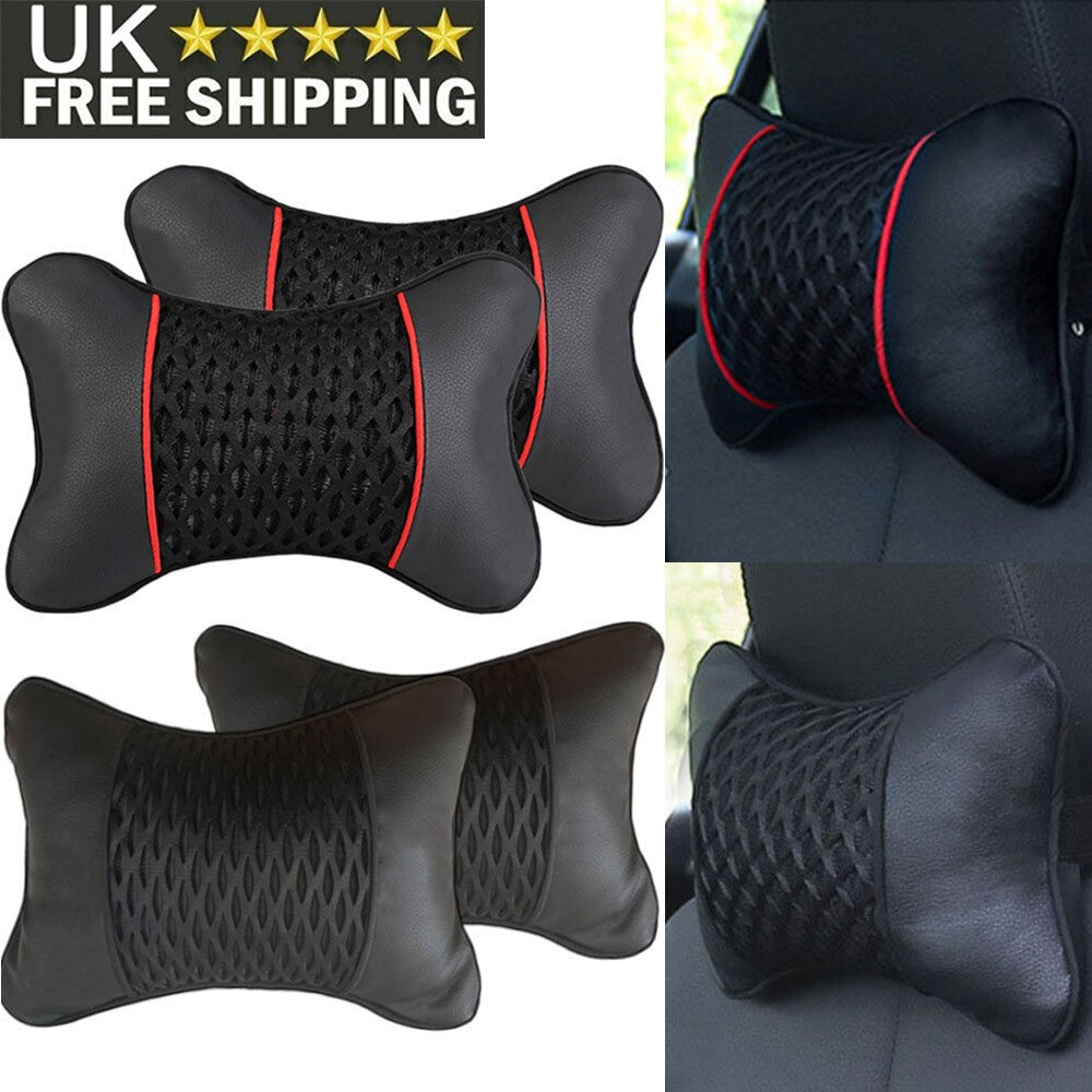 2X Car Seat Head Neck Rest Support Pillow Premium PU Leather Black Cushion Pad