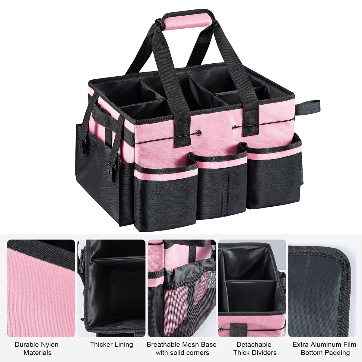 Large Multi-Compartment Tool Bag with Removable Dividers, Adjustable Should Pink