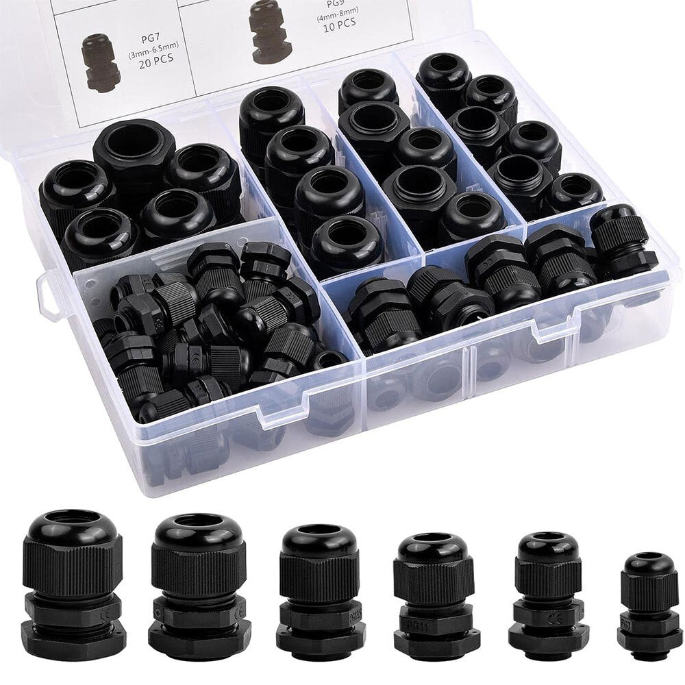 50Pcs Waterproof Nylon Cable Gland Kit IP68 Joints Adjustable Locknut Tool Set