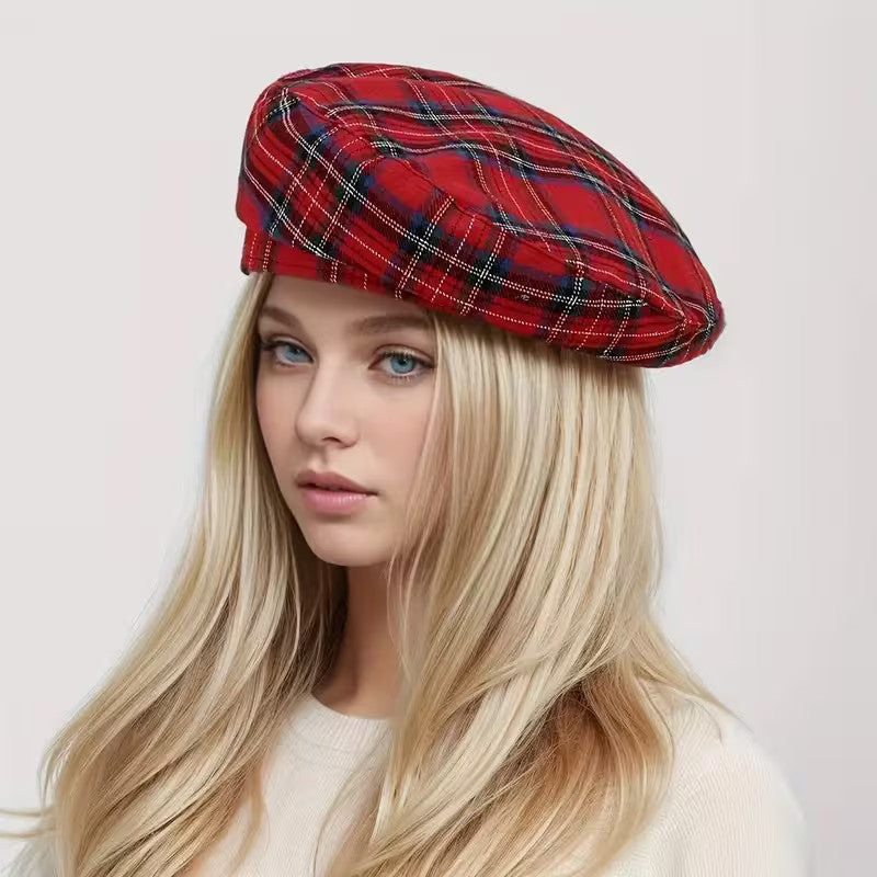 Women Striped Jacquard Beret Classic Casual Plaid Vintage Flat Top Painter Cap