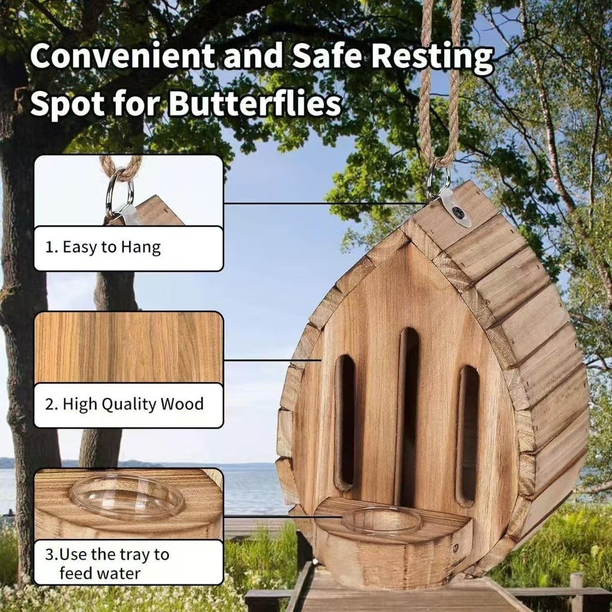 Wooden Butterfly Feeder House with Water Bath Hanging Garden Habitat Nesting Box