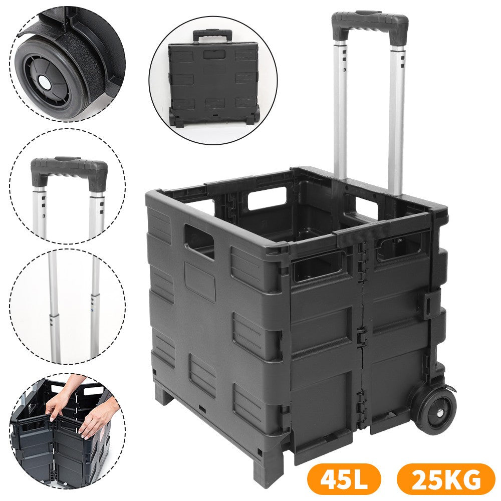 45L Folding Boot Cart Shopping Trolley Fold Up Storage Box Wheels Crate Foldable