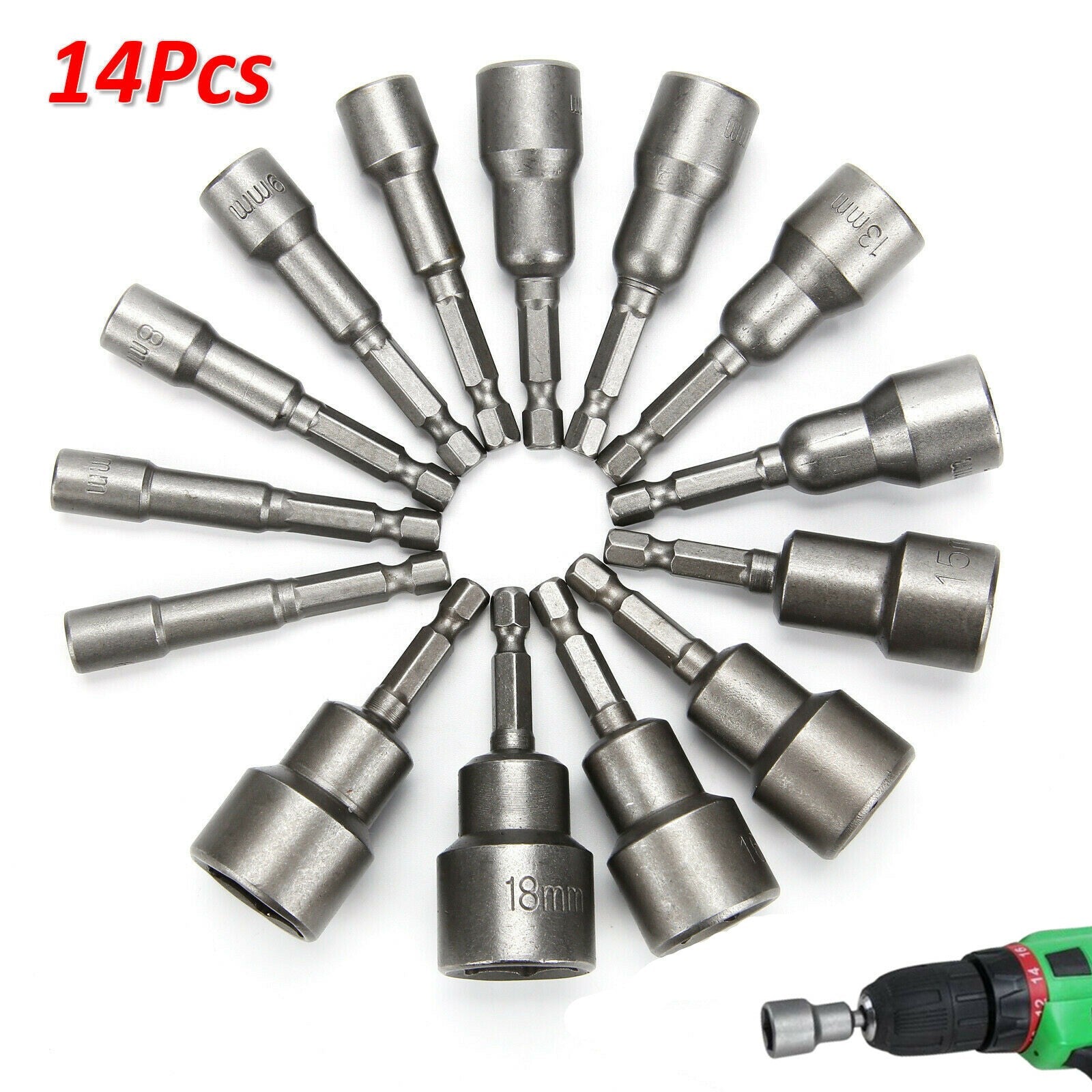 14pcs 6 -19mm 1/4" Nut Driver Bit Set Hex Magnetic Metric Socket Impact Drill UK
