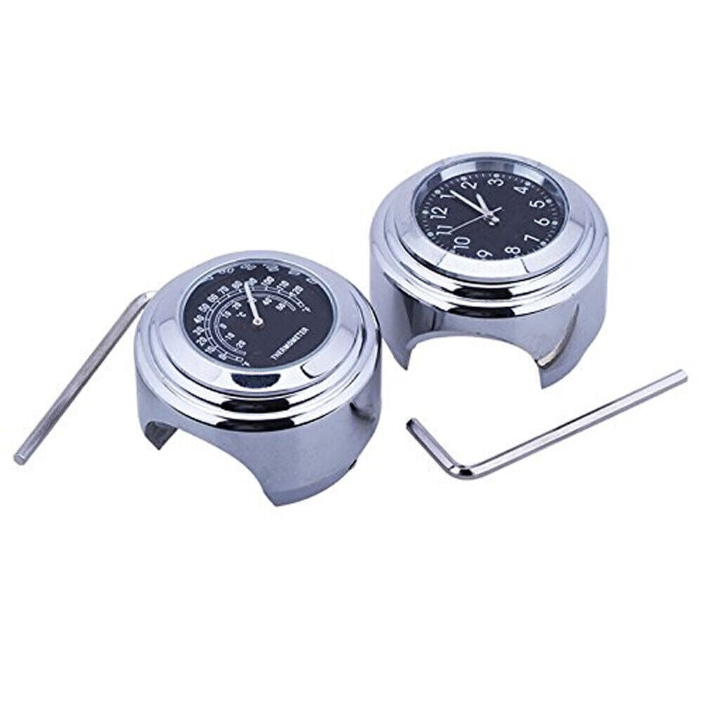 2x Handlebar Clock Chrome Motorcycle Bike Waterproof Dial Glow Watch Thermometer