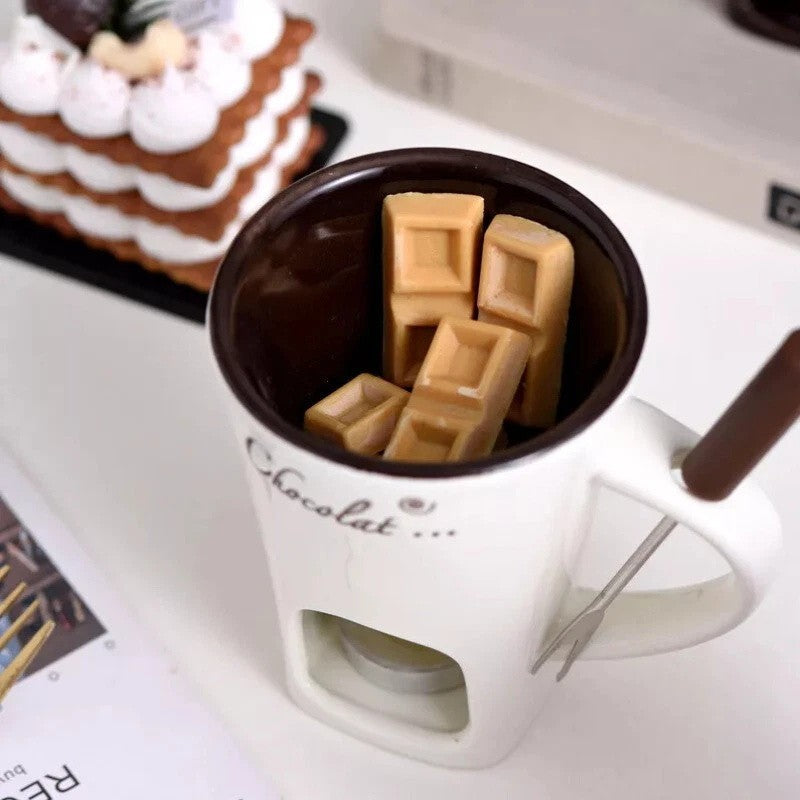 Chocolate Fondue Mugs,Premium Chocolate Fondue Coffee Cup with Fork Melting Mug