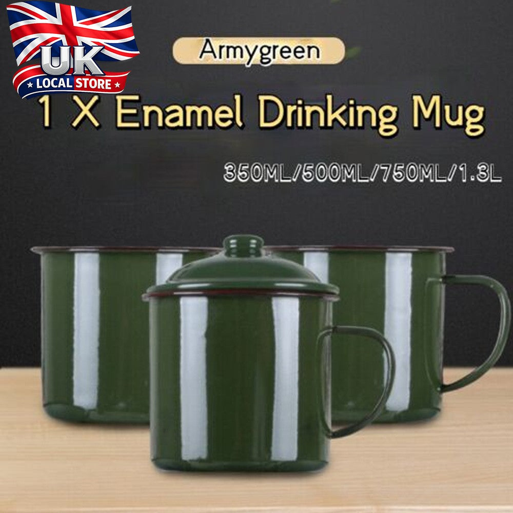 Armygreen Enamel Mug Vintage Travel Camping Tea Cup with Lid Drinkware