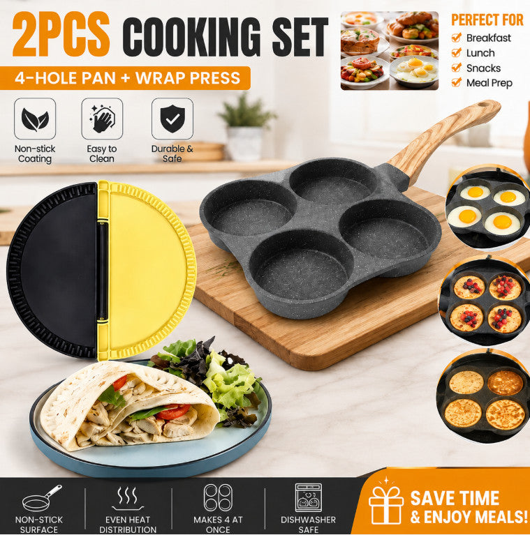 2pcs Breakfast Cooking Set 4 Hole Egg Pancake Pan & Burrito Sandwich Wrap Press