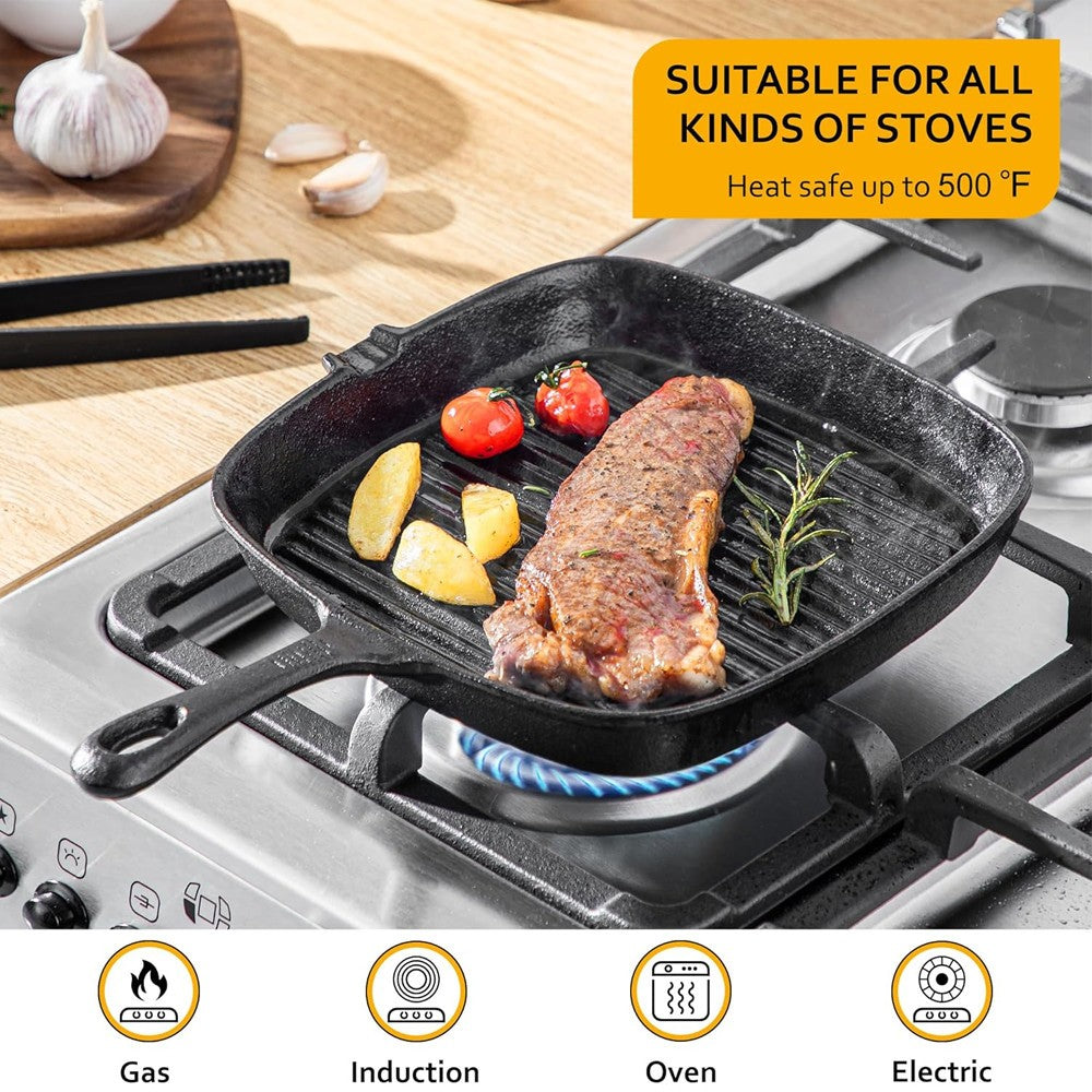 Cast Iron Griddle Frying Pan Grill Non-Stick Skillet Cooking Fry Square Steak UK