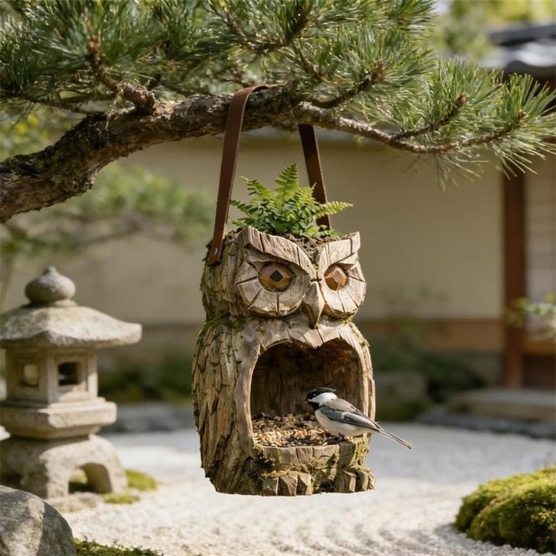 Resin Bird Feeder, Owl Shape Hanging Bird Feeder for Outside Funny Birds Feeders