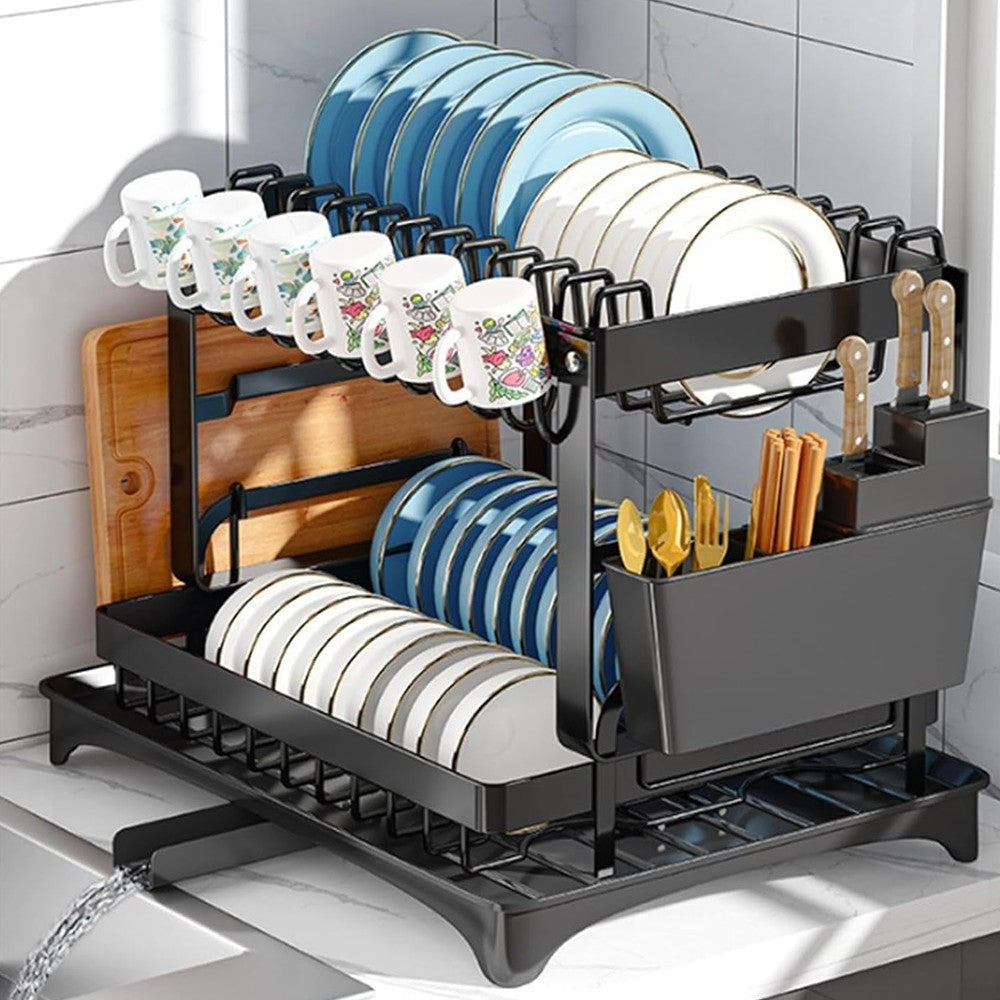 2 Tier Dish Drainer Rack with Drip Tray Cutlery Holder Plate Rack Kitchen Sink