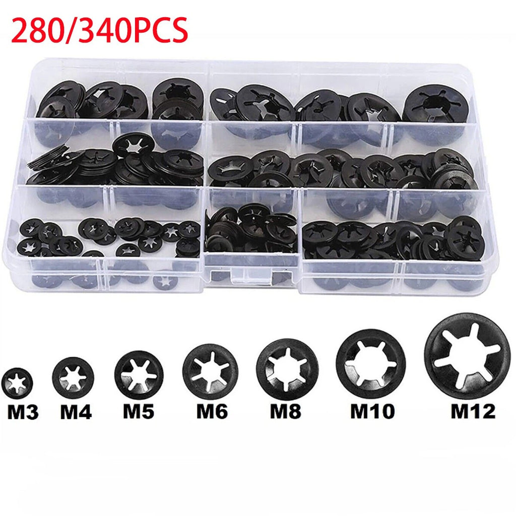 280/340Pcs Starlock Washers Push On Lock Star Tooth Grab Fastener Clips Lock Set