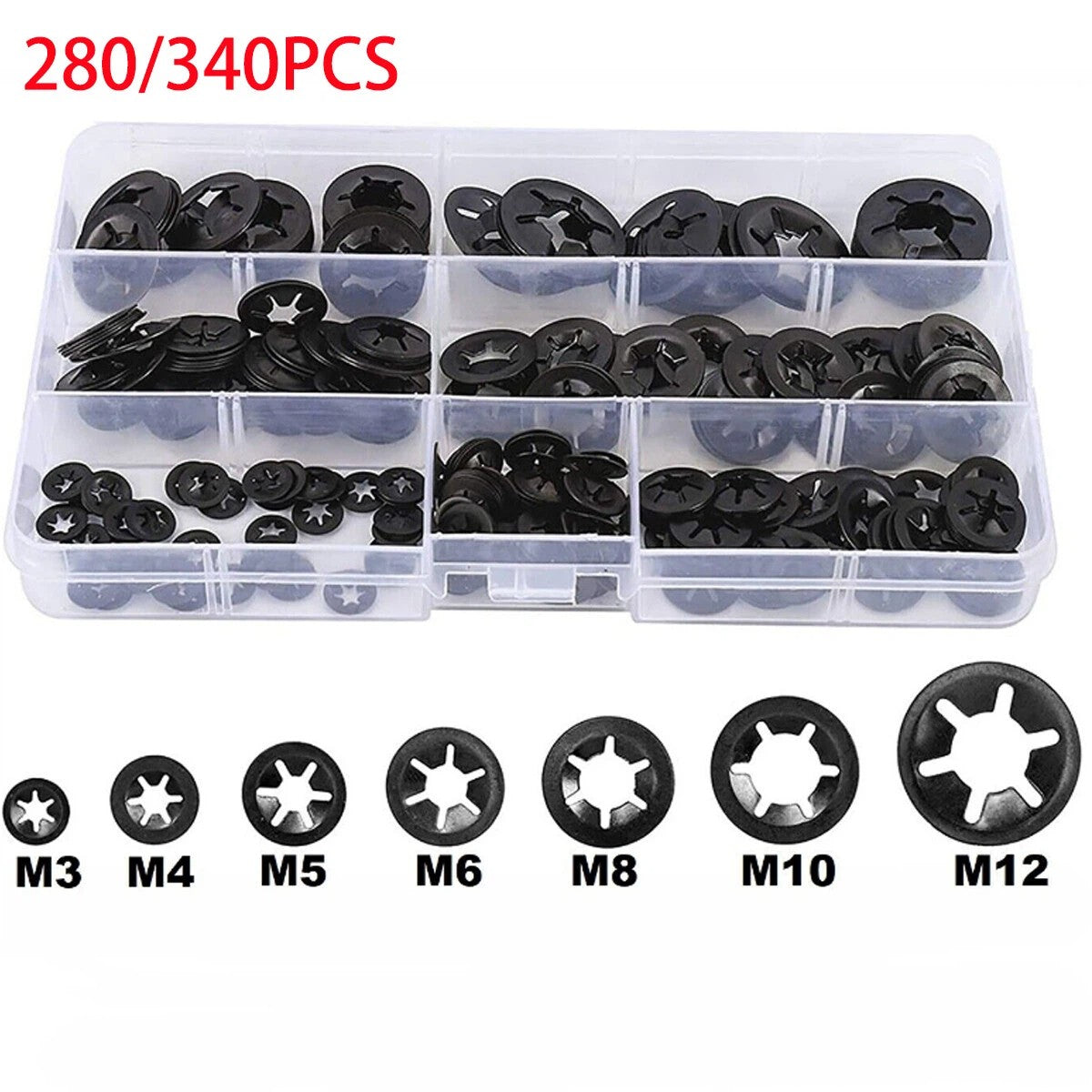280/340Pcs Starlock Washers Push On Lock Star Tooth Grab Fastener Clips Lock Set