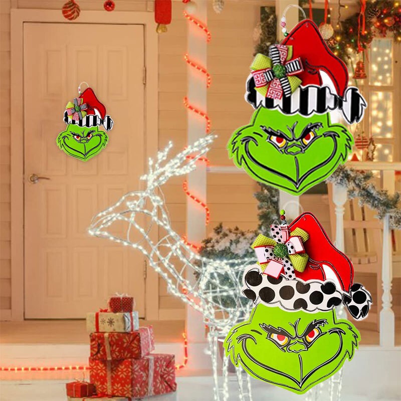 Grinch Christmas Wooden Wreath Front Door Welcome Sign Home Decorations