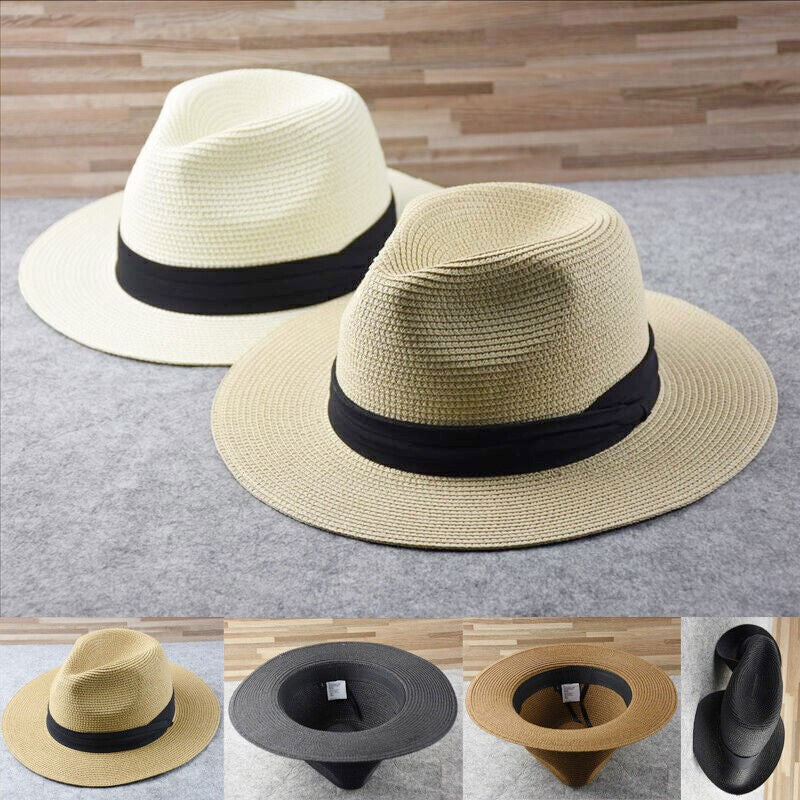 Unisex Mens Women Panama Style Sun Hat Crushable Wide Brim Fedora Straw Hat Cap