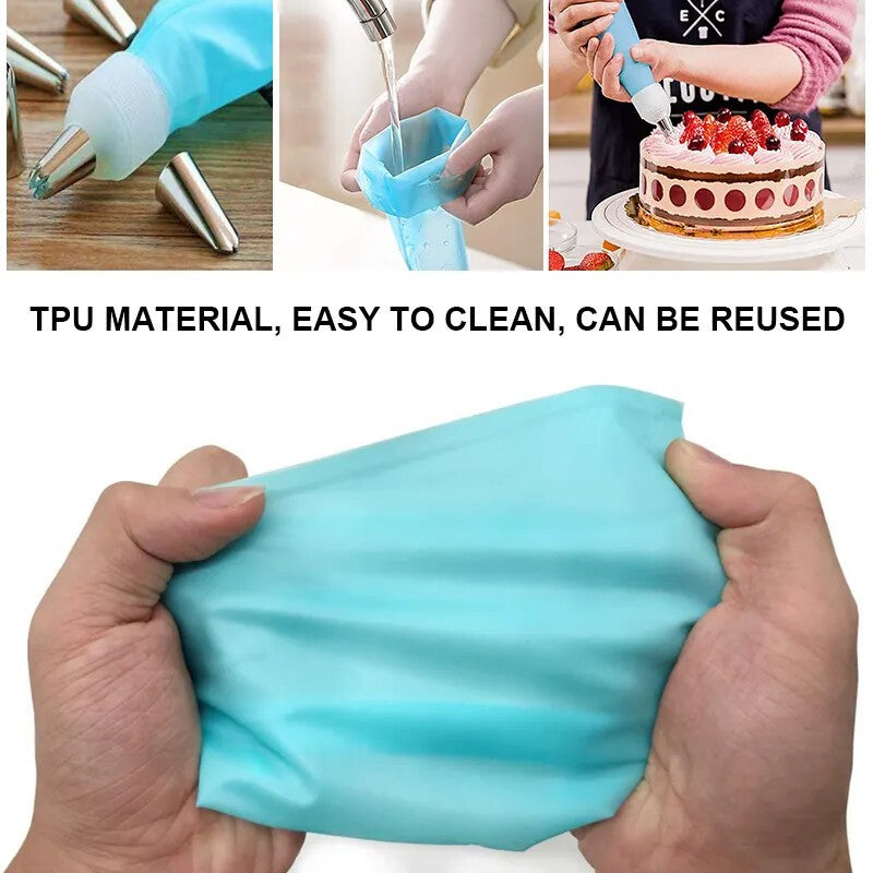 Reusable Silicone Icing Piping Bag Set with Stainless Steel Nozzles Cake Decorat