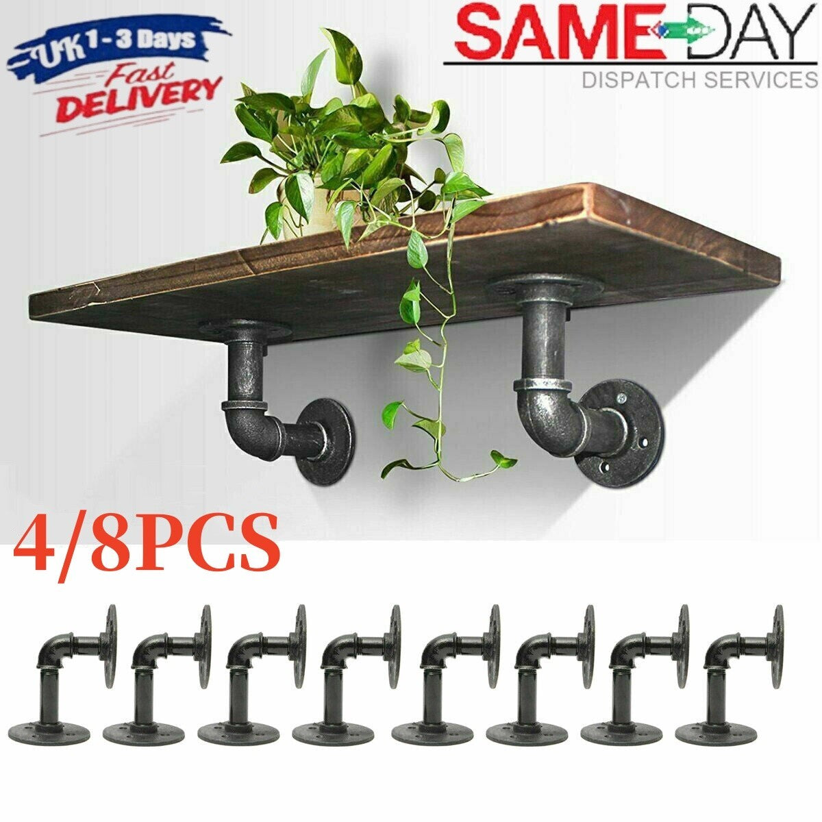 4-8X Pipe Shelf Brackets Industrial Iron Rustic Floating Shelves Storage Unit UK