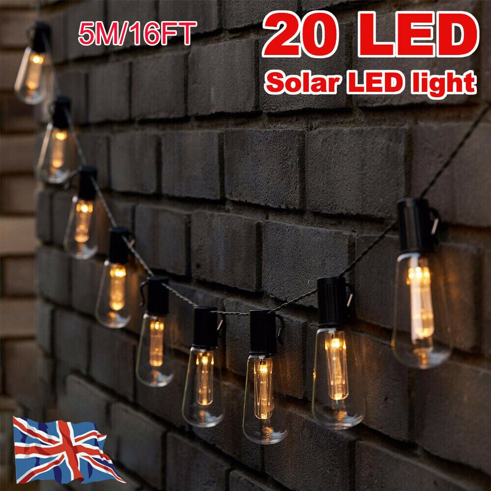 20 LED Solar Powered Retro Bulb String Lights Garden Outdoor Fairy Lamps UK-