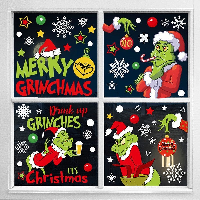 Christmas Grinch's Removable Window Stickers Xmas Art Decal Wall Home Shop Decor