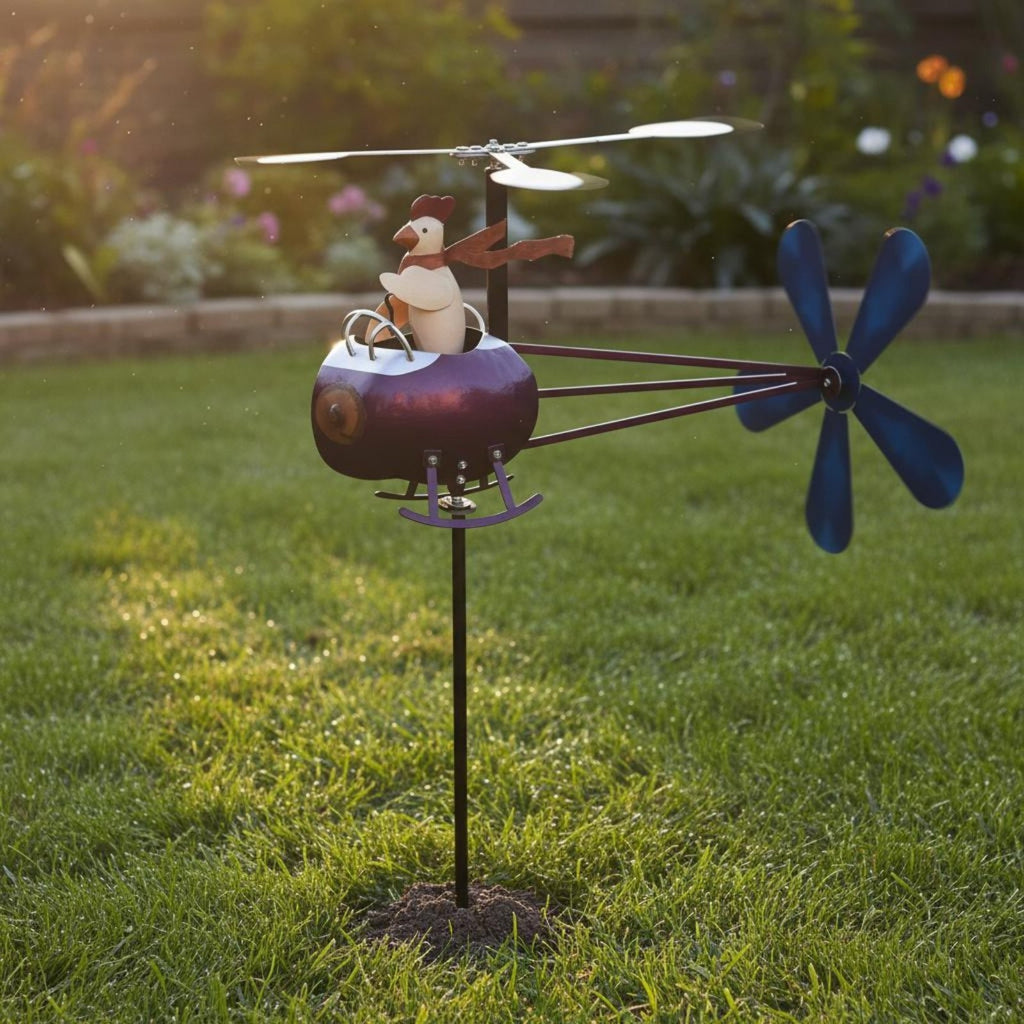 Chicken Helicopter Wind Vane Heavy Duty Metal Garden Wind-Driven Ornament Decor*