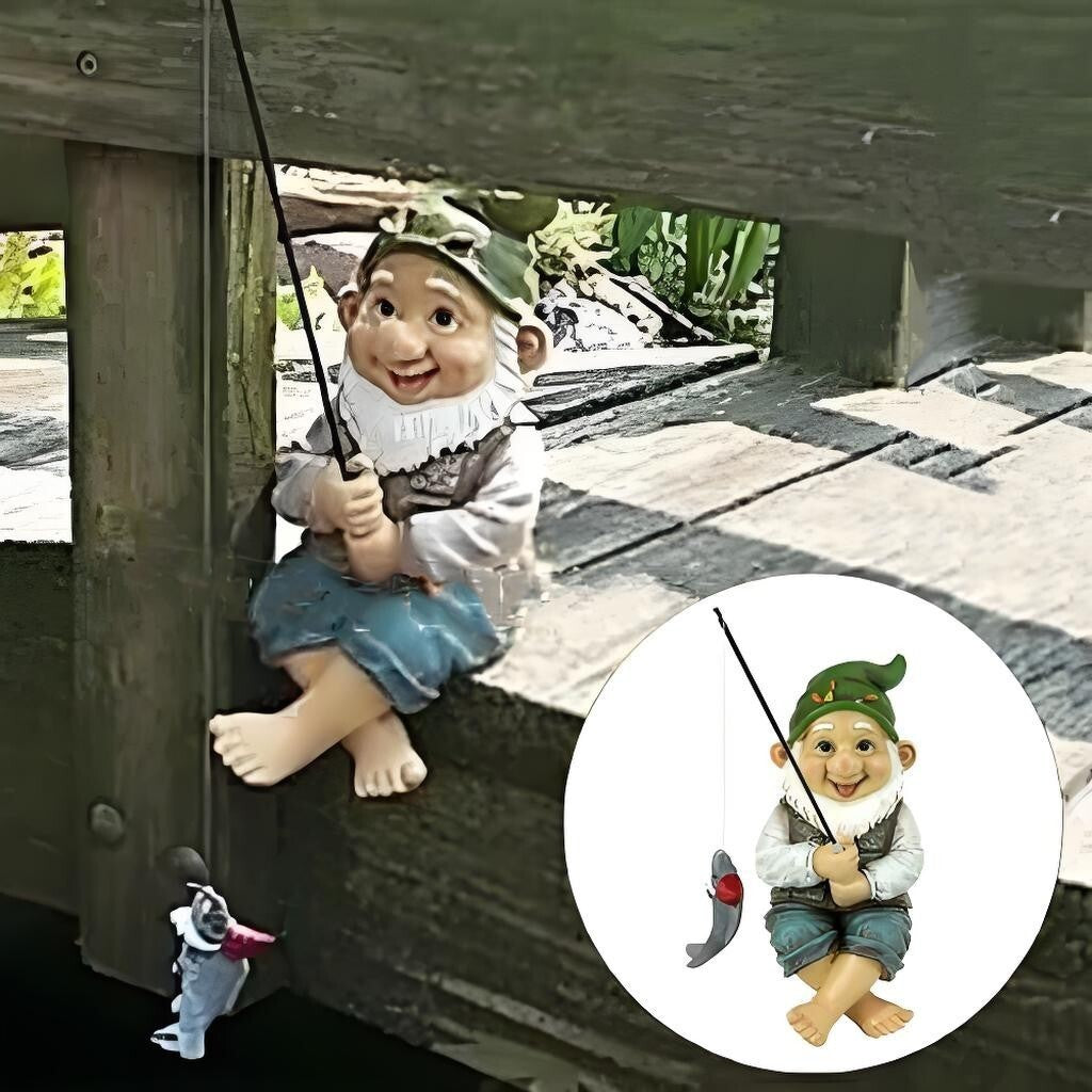 Garden Gnome Fishing Statue Resin Sitting Rod Fish Pond Decor Ornament