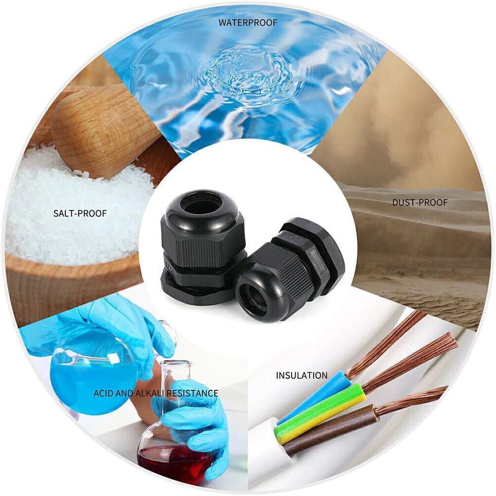 50Pcs Waterproof Nylon Cable Gland Kit IP68 Joints Adjustable Locknut Tool Set