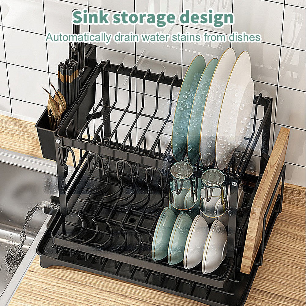 2 Tier Dish Drainer Rack with Drip Tray Cutlery Holder Plate Rack Kitchen Sink