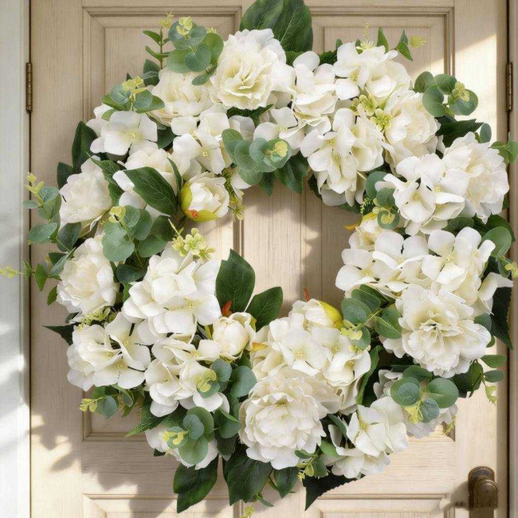 White Peony Hydrangea Wreath Indoor Outdoor Use Seasonal Summer Door Wreath.*