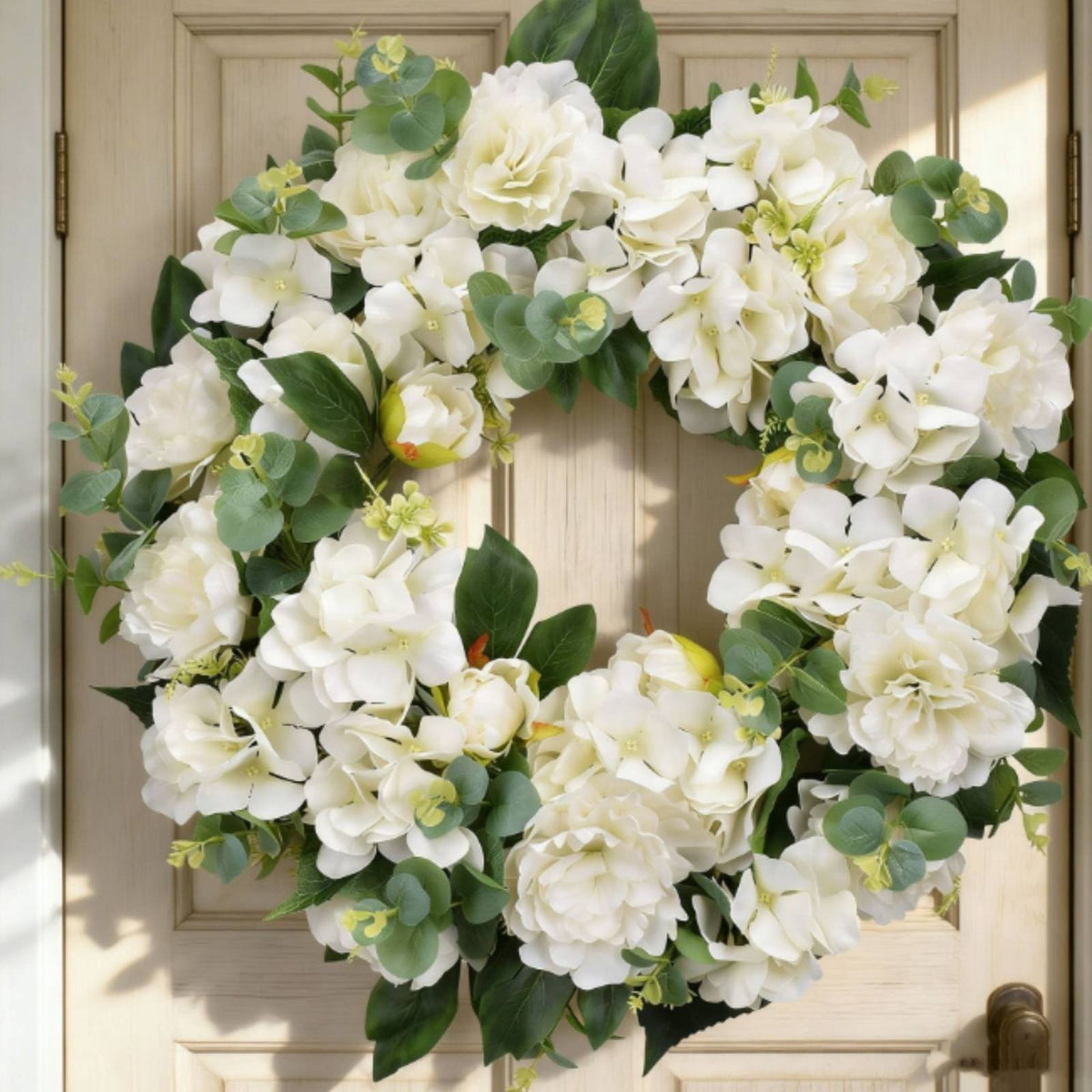White Peony Hydrangea Wreath Indoor Outdoor Use Seasonal Summer Door Wreath.*