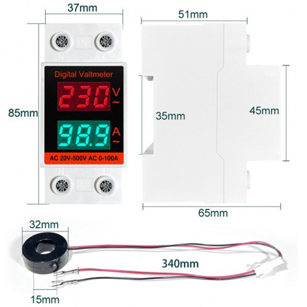 Din Rail AC Monitor Single Phase Voltage Current Power Meter Voltmeter Ammeter