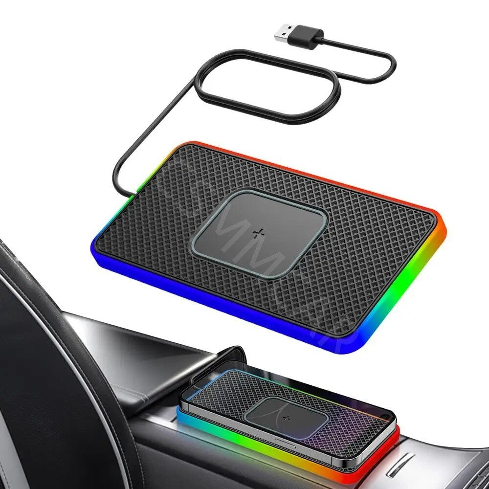 Wireless Car Phone Charger Pad Fast Charging Non-slip Mat W/LED Atmosphere Light