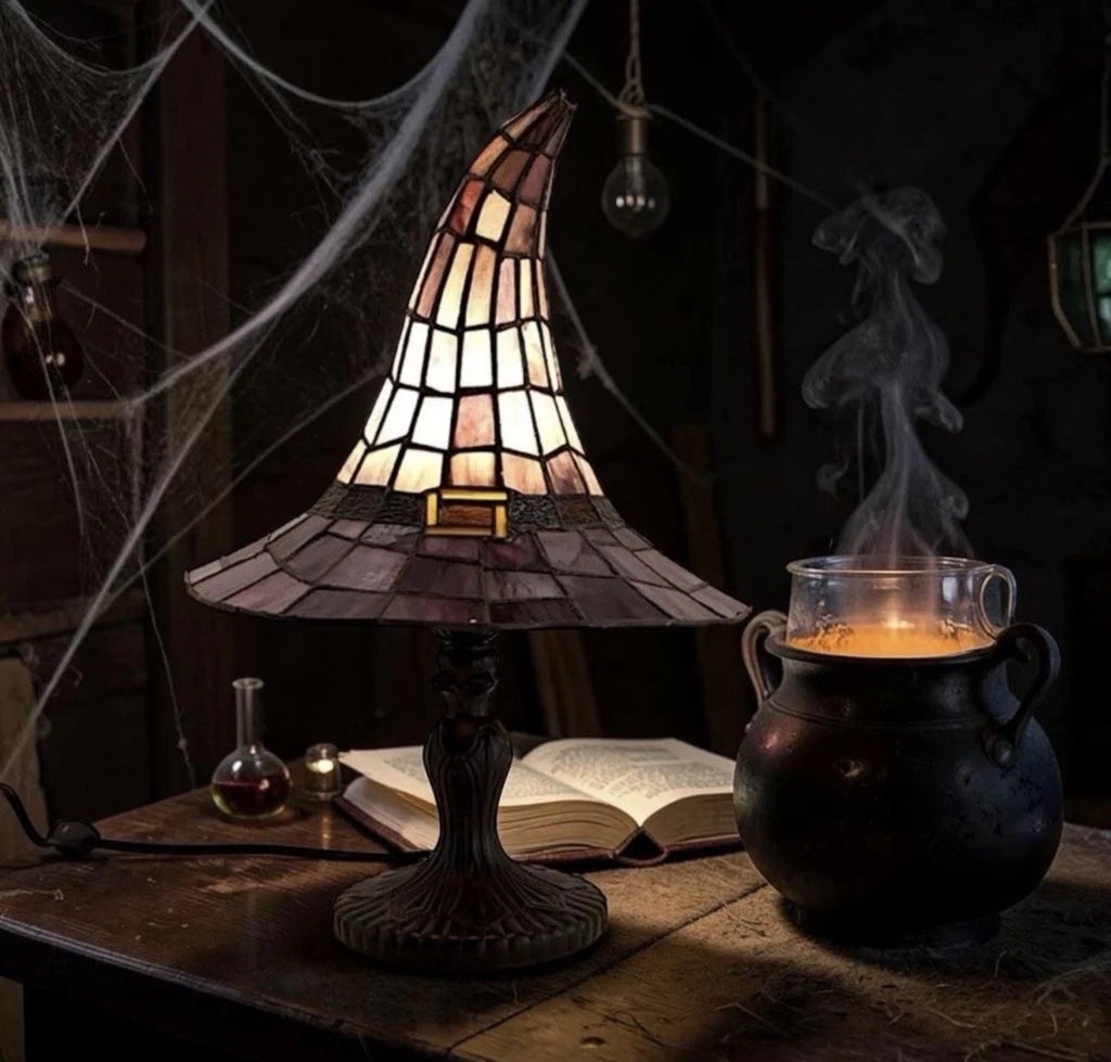 30cm Witch Hat Lamp,Stained Glass Resin Wizard Hat Light Gothic Table Lamp Spook