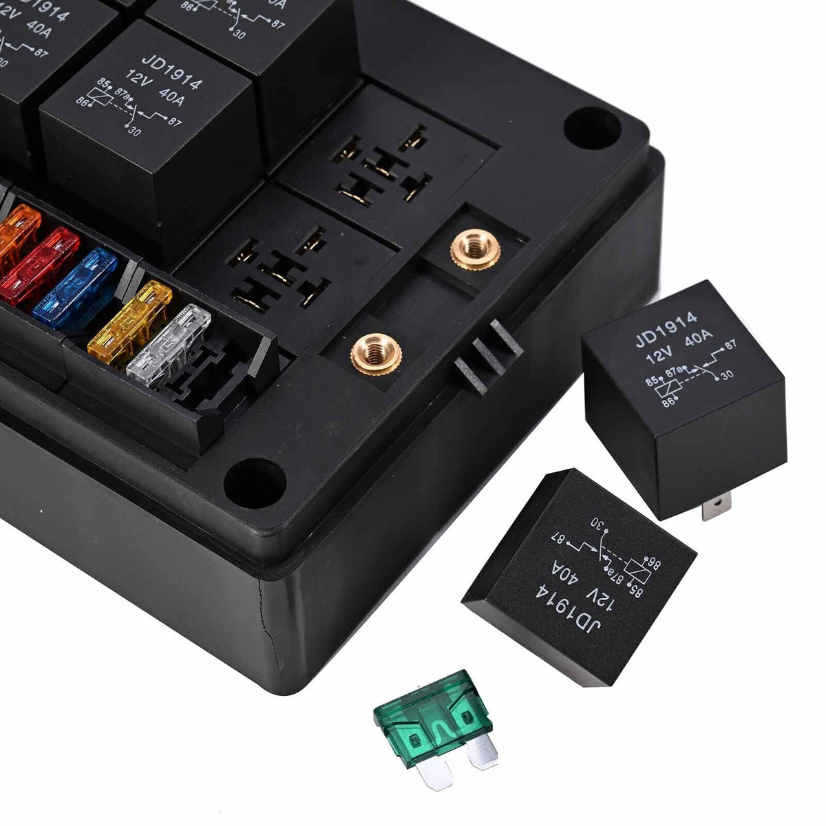 Pre-Wired Fuse Relay Box with 10X 5-Pin 40A Relays and 15X Slot for 12V Car RV